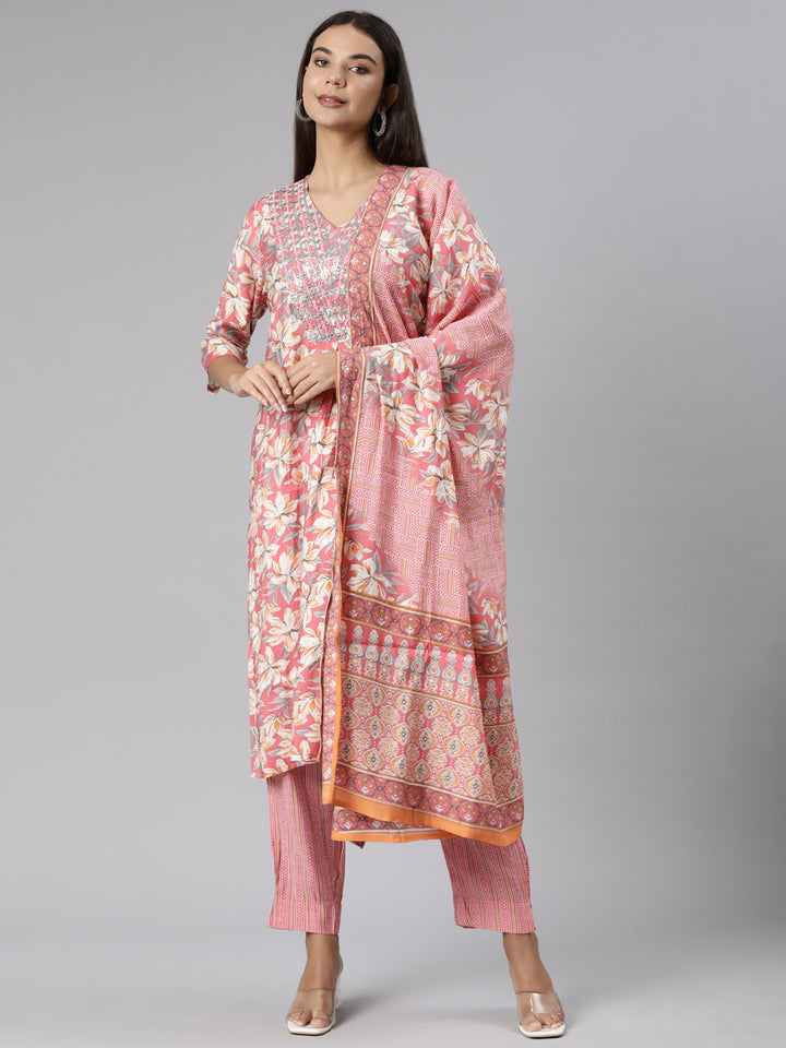 Neerus Pink Regular Straight Floral Kurta And Trousers With Dupatta