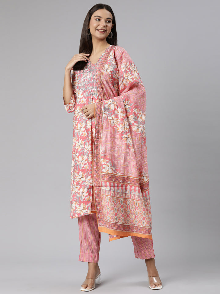 Neerus Pink Regular Straight Floral Kurta And Trousers With Dupatta