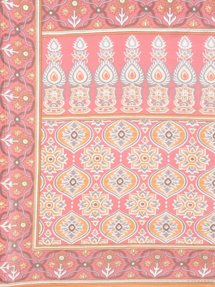 Neerus Pink Regular Straight Floral Kurta And Trousers With Dupatta