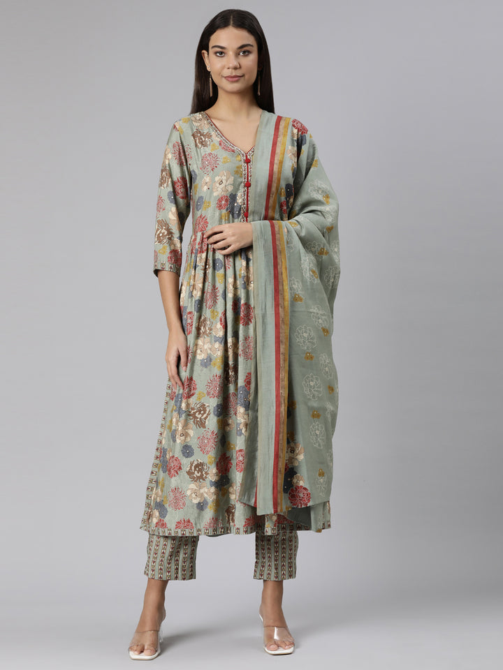Neerus Regular Straight Floral Kurta And Trousers With Dupatta