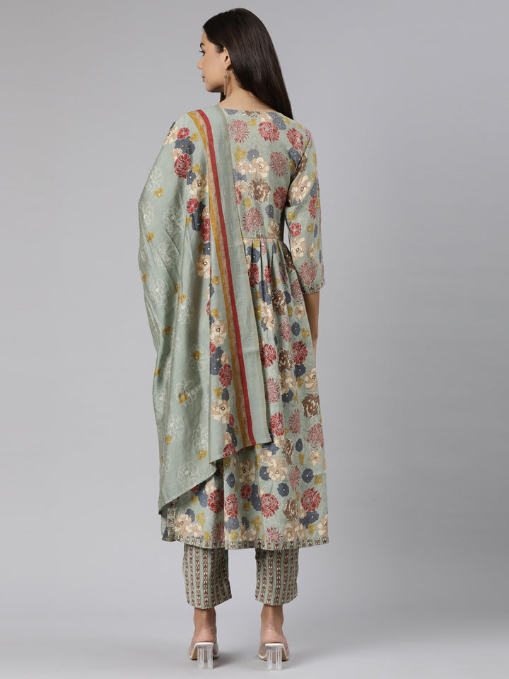 Neerus Regular Straight Floral Kurta And Trousers With Dupatta