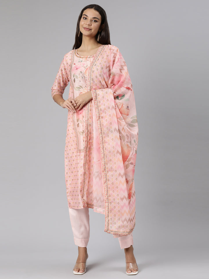 Neerus Pink printed floral suit set straight kurta with trouser and dupatta - front view