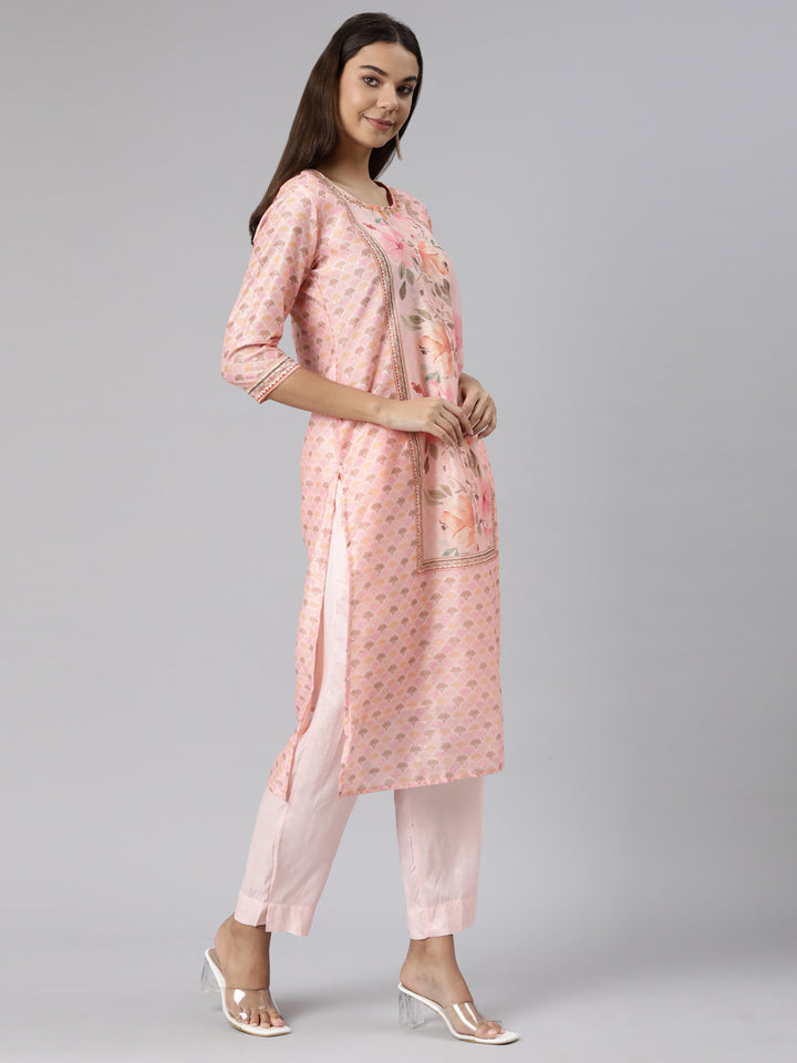 Neerus Pink printed floral suit set straight kurta with trouser and dupatta - back view