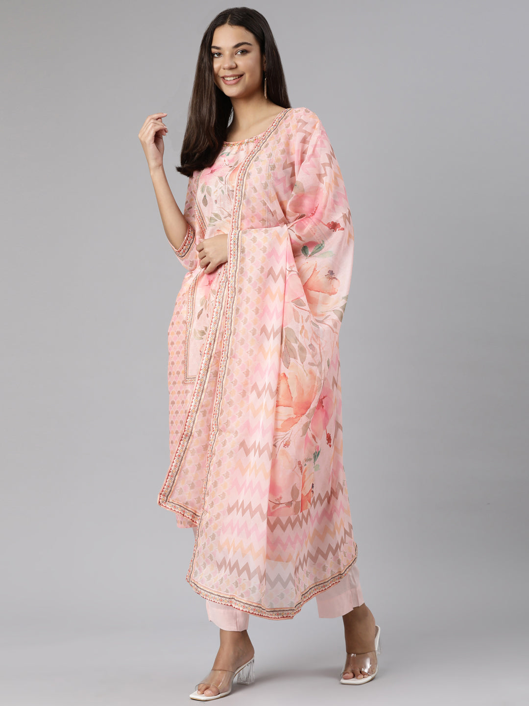 Neerus Pink printed floral suit set straight kurta with trouser and dupatta - detail view 1