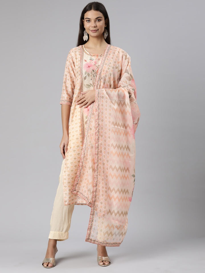 Neerus Peach Regular Straight Floral Kurta And Trousers With Dupatta