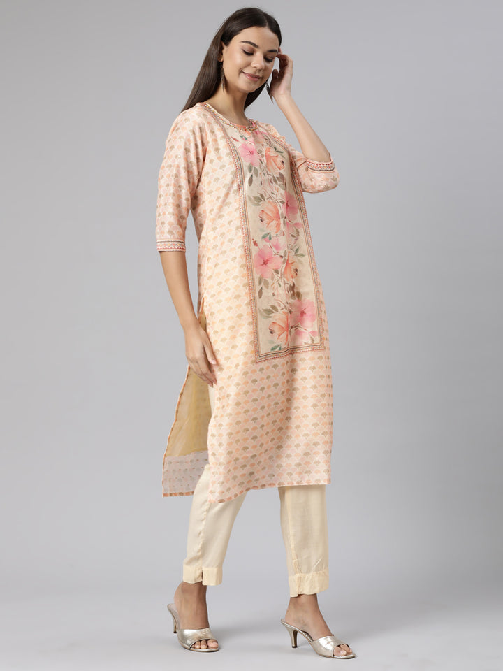 Neerus Peach Regular Straight Floral Kurta And Trousers With Dupatta