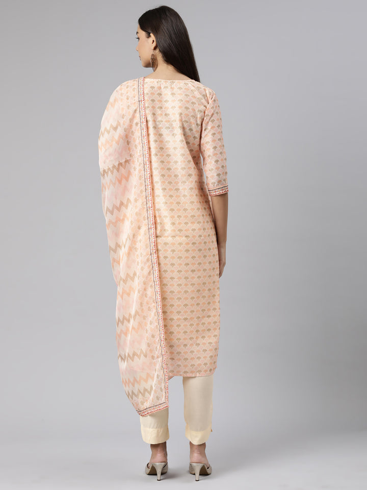 Neerus Peach Regular Straight Floral Kurta And Trousers With Dupatta
