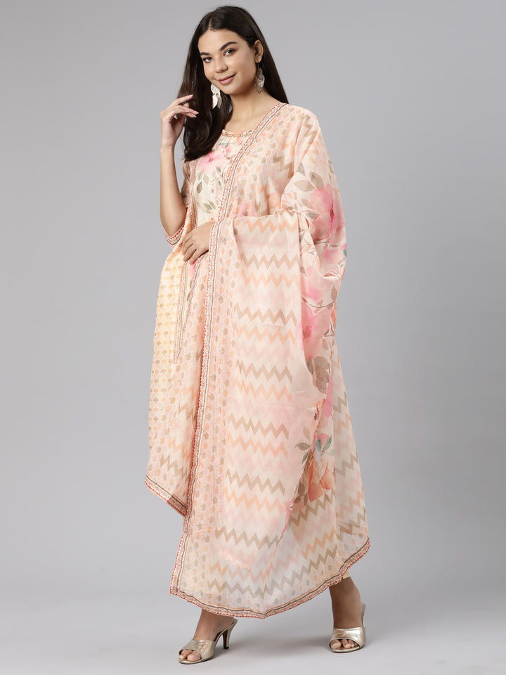 Neerus Peach Regular Straight Floral Kurta And Trousers With Dupatta