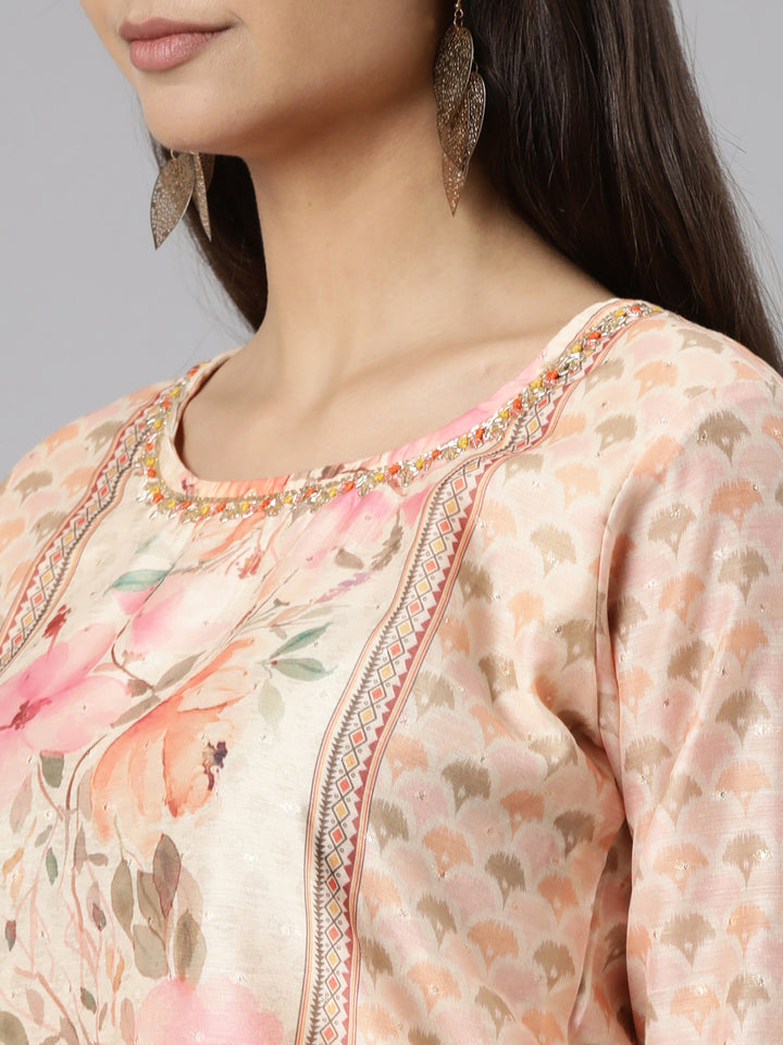 Neerus Peach Regular Straight Floral Kurta And Trousers With Dupatta