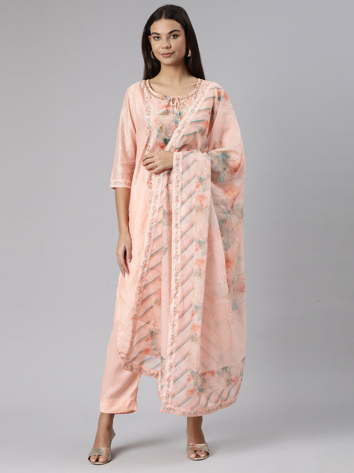 Neerus Orange printed floral suit set straight kurta with trouser dupatta - front view