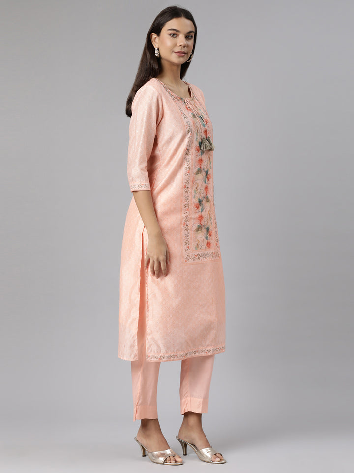 Neerus Orange printed floral suit set straight kurta with trouser dupatta - back view
