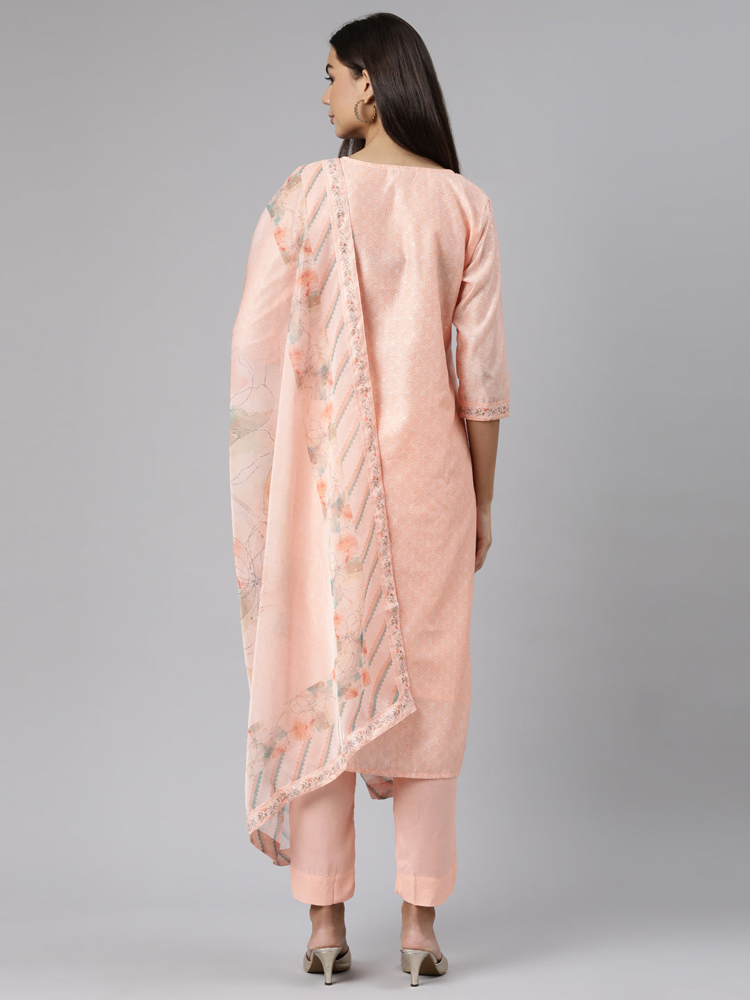 Neerus Orange printed floral suit set straight kurta with trouser dupatta - side view