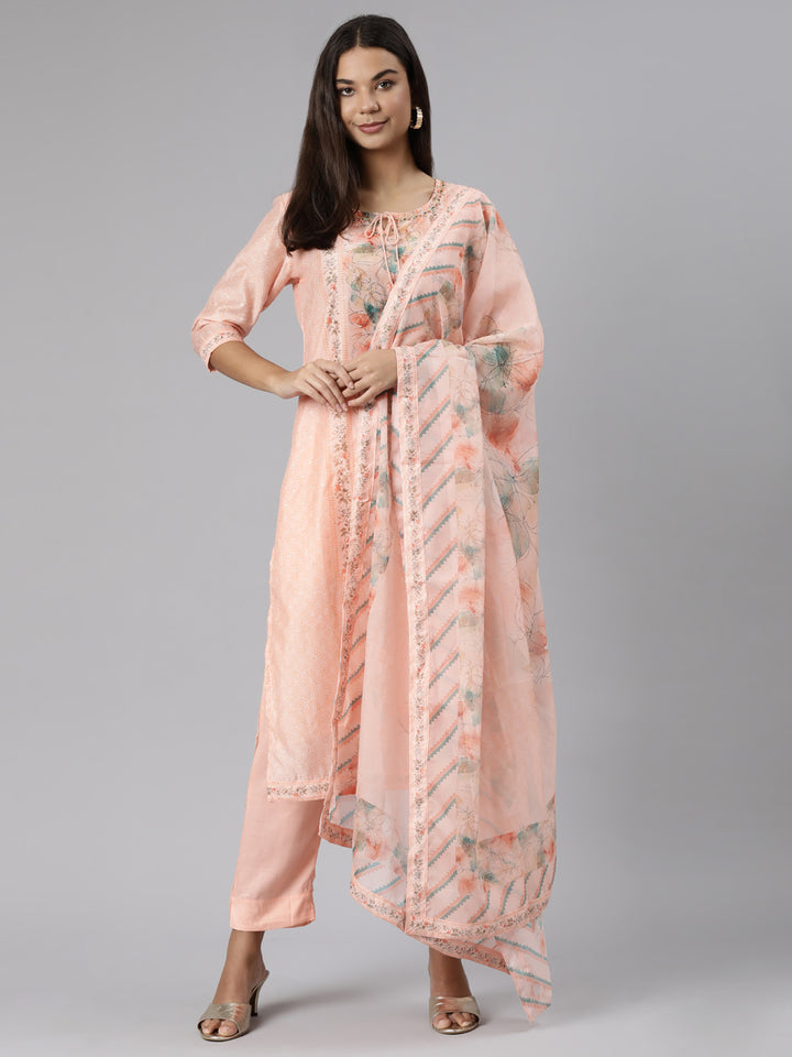 Neerus Orange printed floral suit set straight kurta with trouser dupatta - detail view 2
