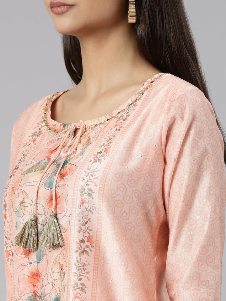 Neerus Orange printed floral suit set straight kurta with trouser dupatta - detail view 1