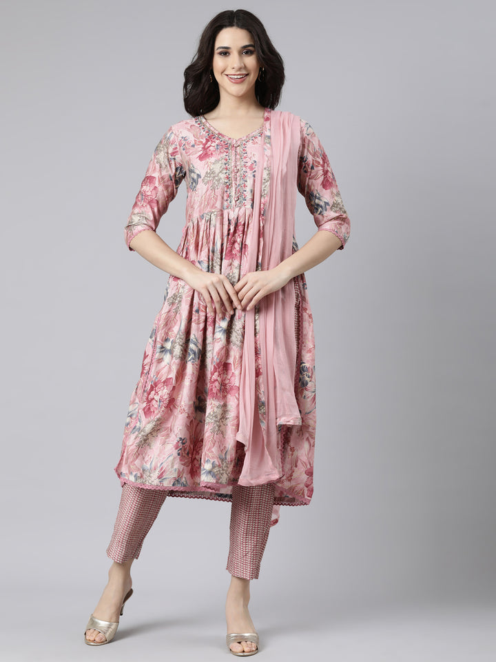 Neerus Pink floral printed straight suit set - front view