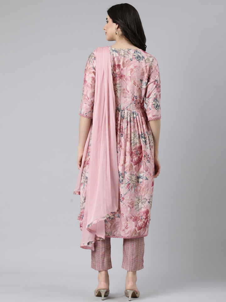 Neerus Pink floral printed straight suit set - side view