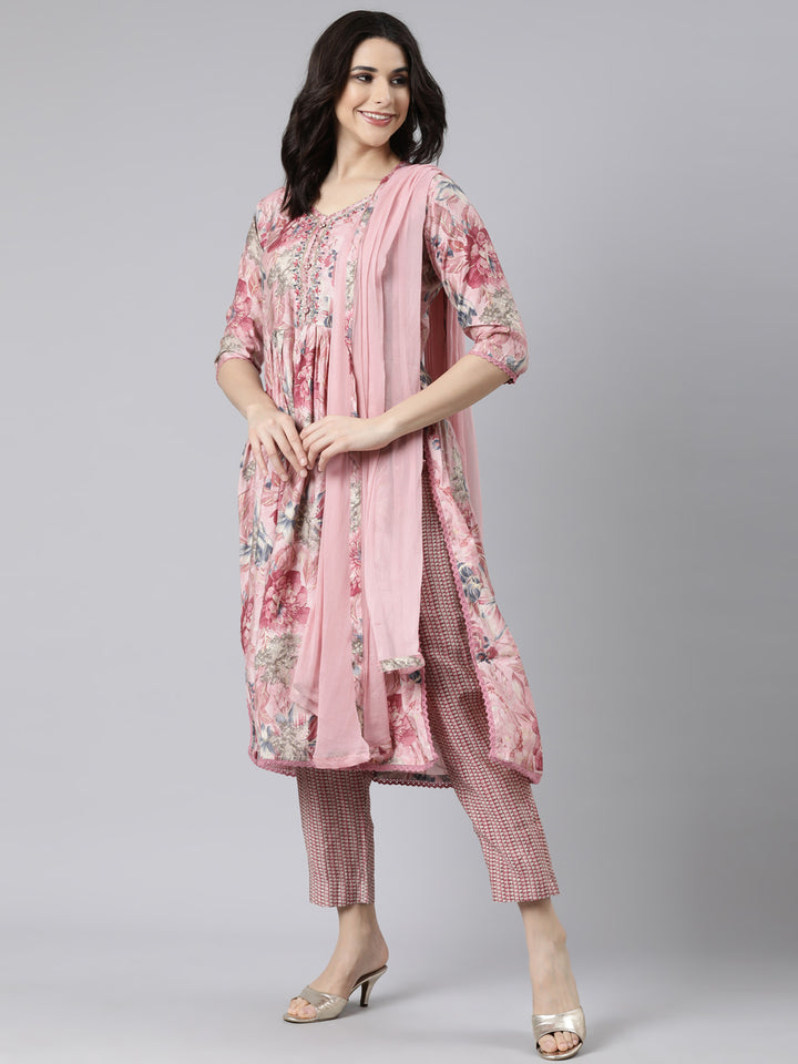 Neerus Pink floral printed straight suit set - detail view 1
