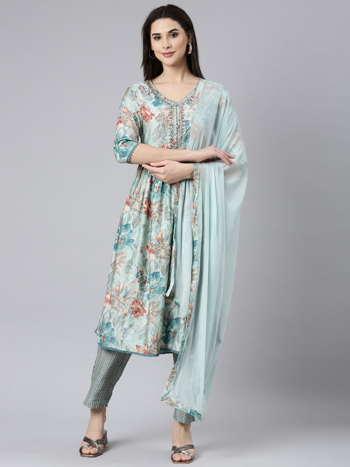 Neerus Blue printed floral straight suit set - front view