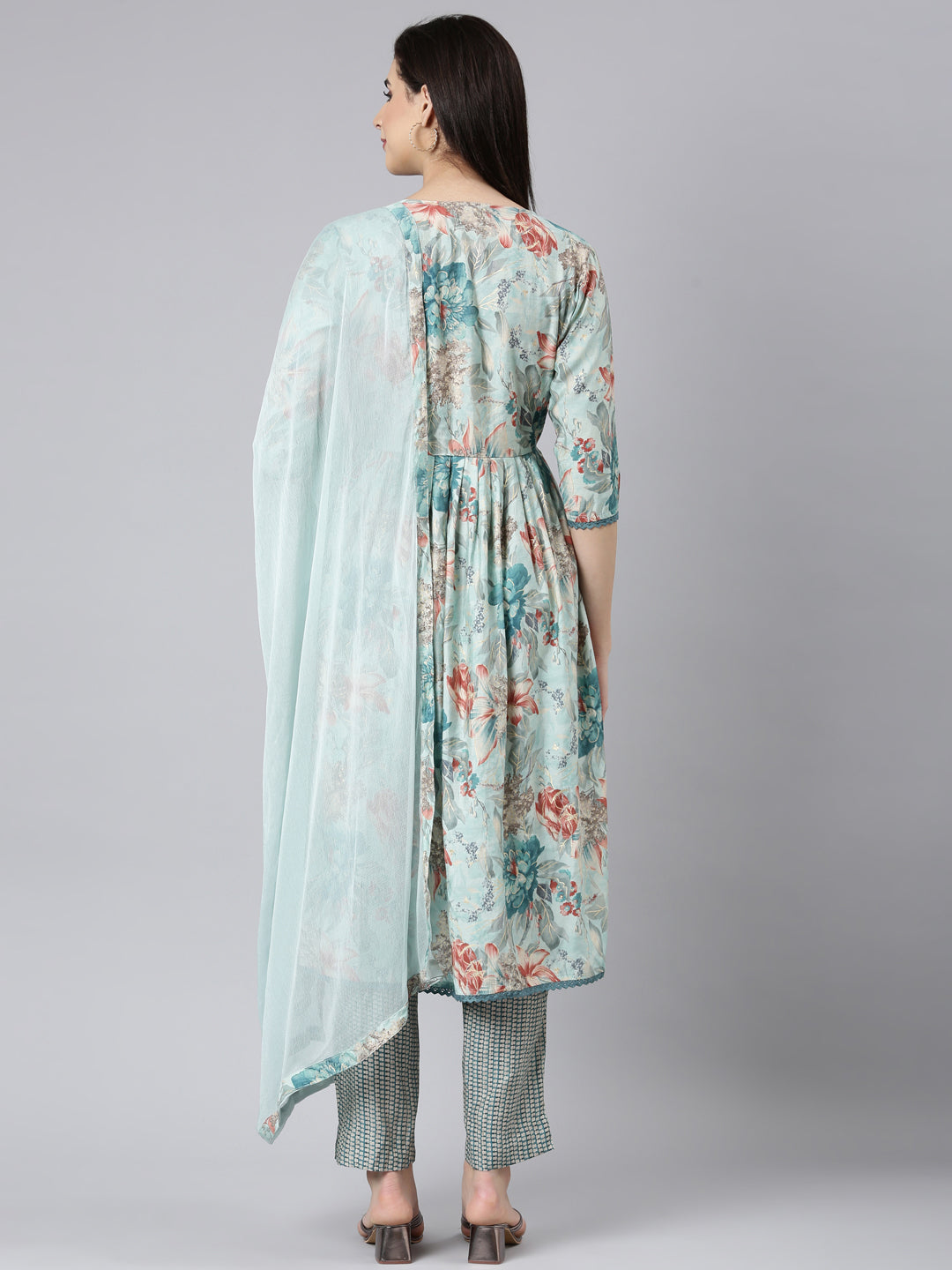 Neerus Blue printed floral straight suit set - side view