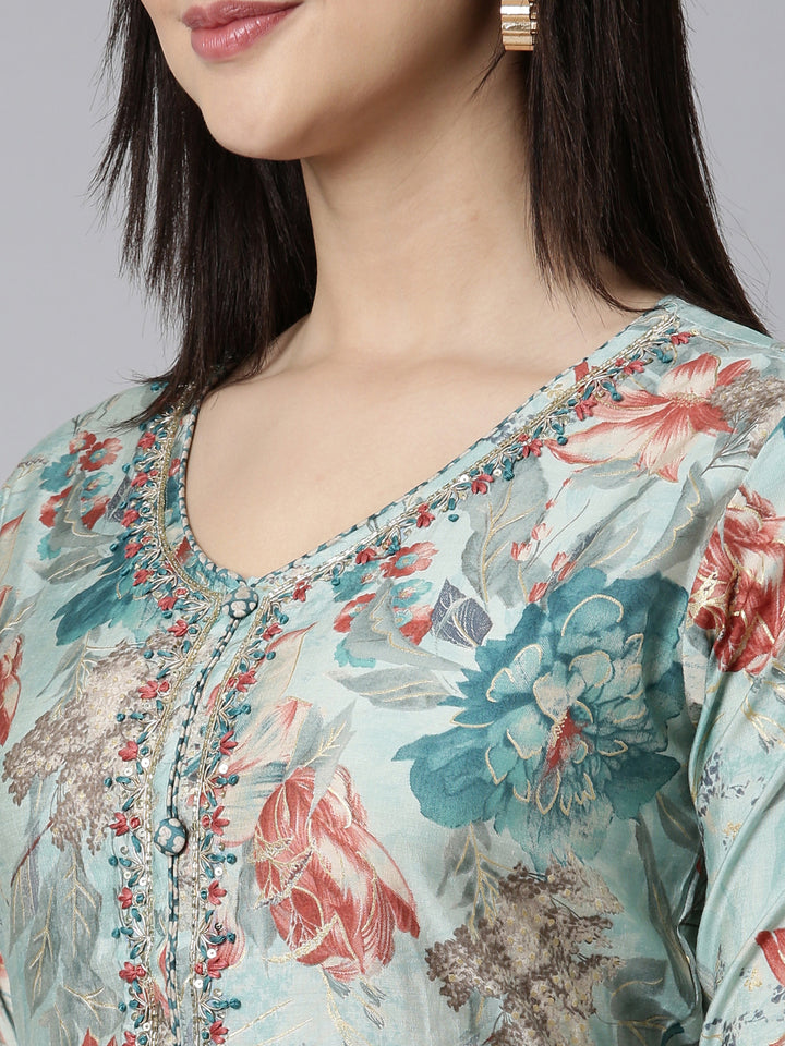 Neerus Blue printed floral straight suit set - detail view 1