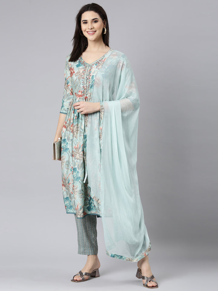 Neerus Blue printed floral straight suit set - detail view 2