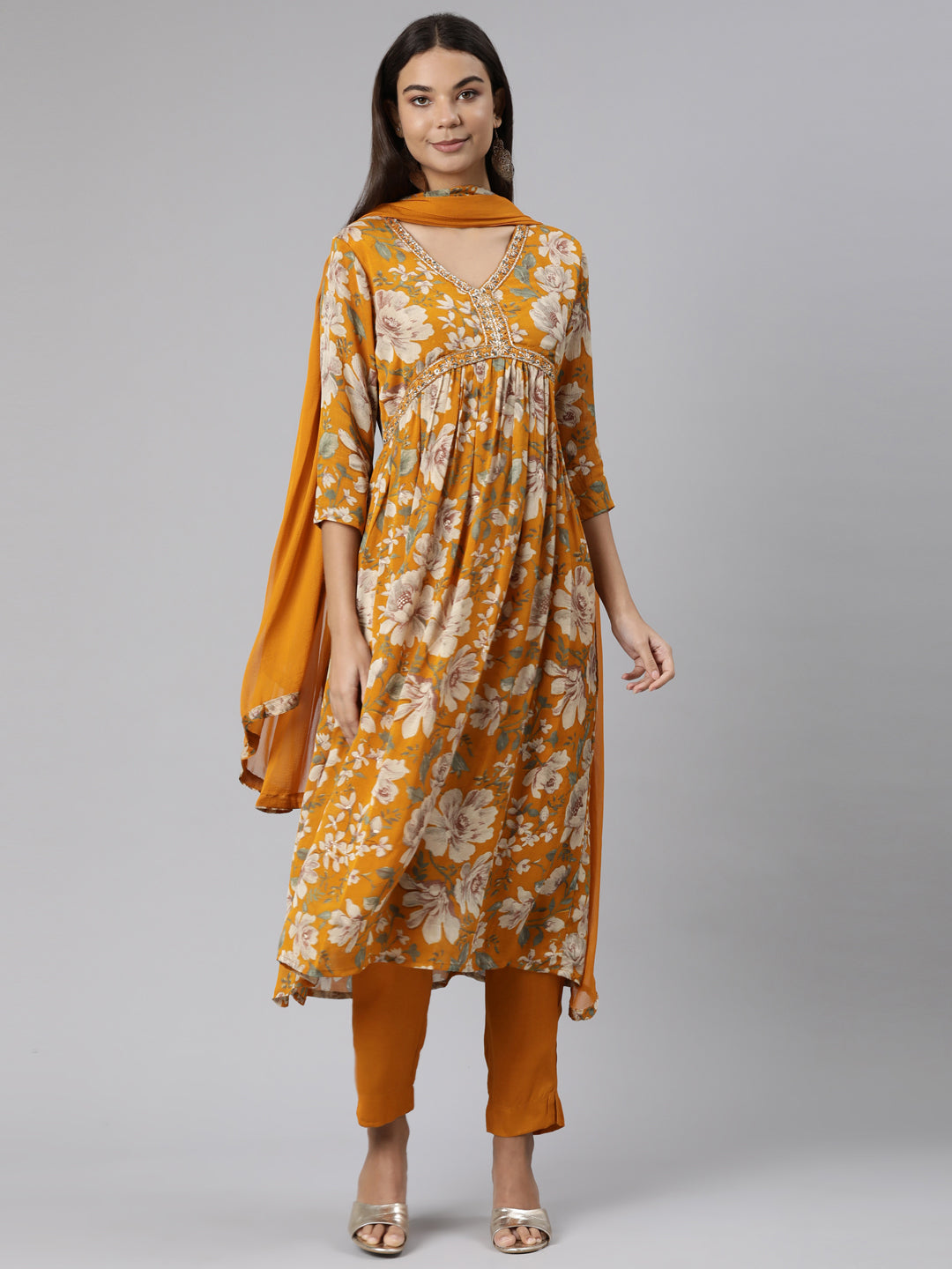 Neerus Yellow printed floral suit set - front view
