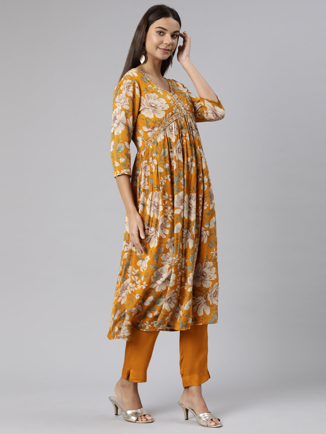 Neeru's Mustard Regular Straight Floral Readymade suits