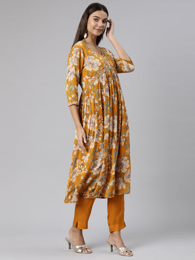 Neeru's Mustard Regular Straight Floral Readymade suits