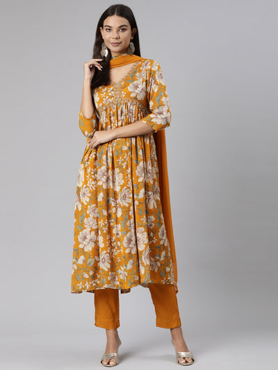 Neeru's Mustard Regular Straight Floral Readymade suits