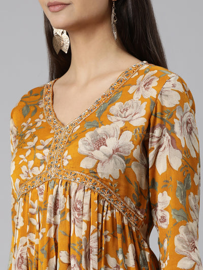 Neeru's Mustard Regular Straight Floral Readymade suits