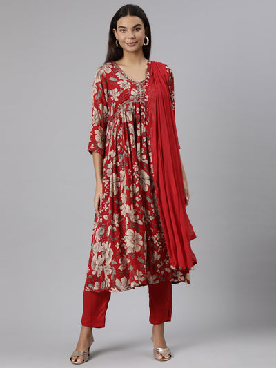 Neeru's Red Regular Straight Floral Kurta And Trousers With Dupatta