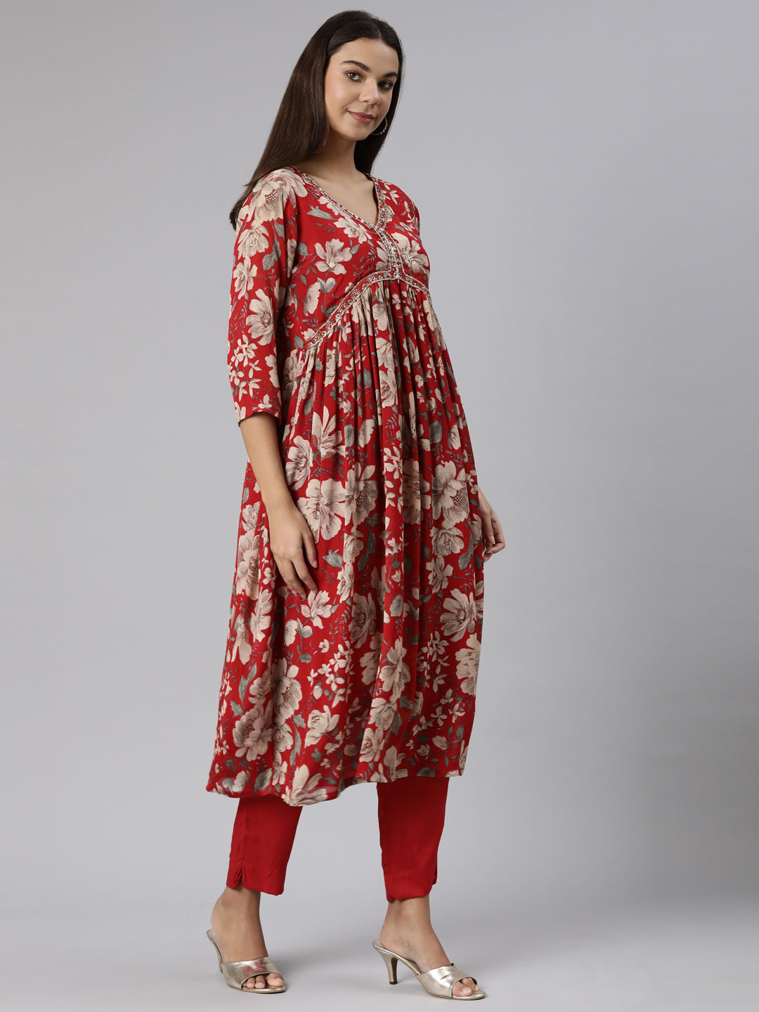 Neeru's Red Regular Straight Floral Kurta And Trousers With Dupatta