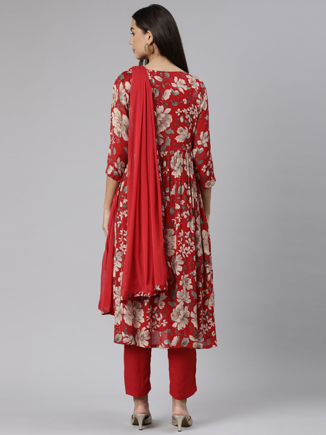 Neeru's Red Regular Straight Floral Kurta And Trousers With Dupatta