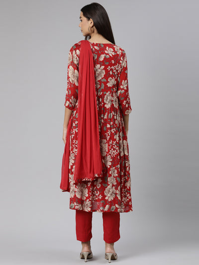 Neeru's Red Regular Straight Floral Kurta And Trousers With Dupatta