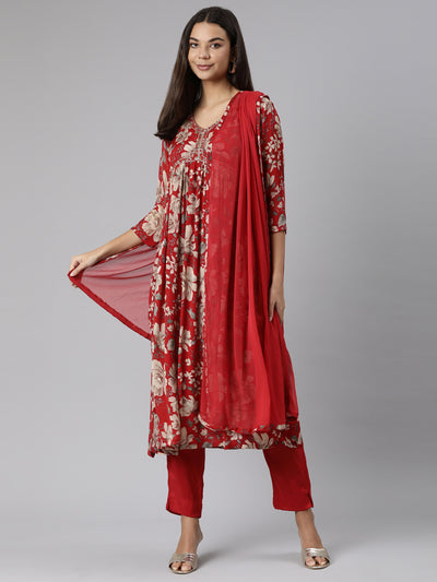 Neeru's Red Regular Straight Floral Kurta And Trousers With Dupatta