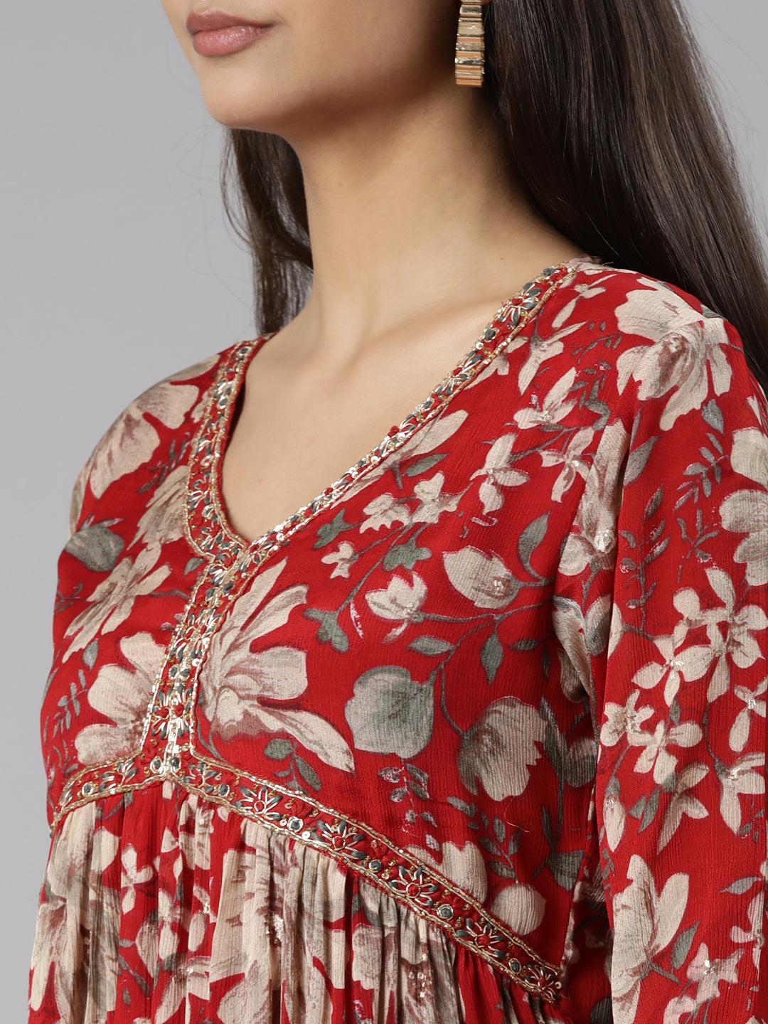 Neeru's Red Regular Straight Floral Kurta And Trousers With Dupatta