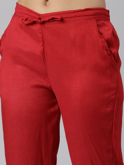 Neeru's Red Regular Straight Floral Kurta And Trousers With Dupatta