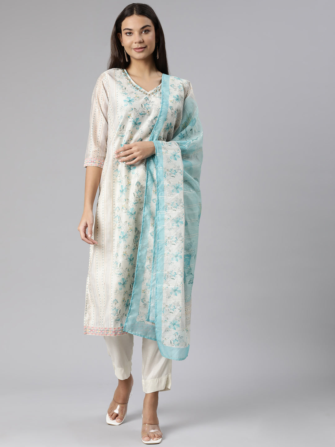 Neerus Multi floral embellished suit set with trousers and dupatta - front view