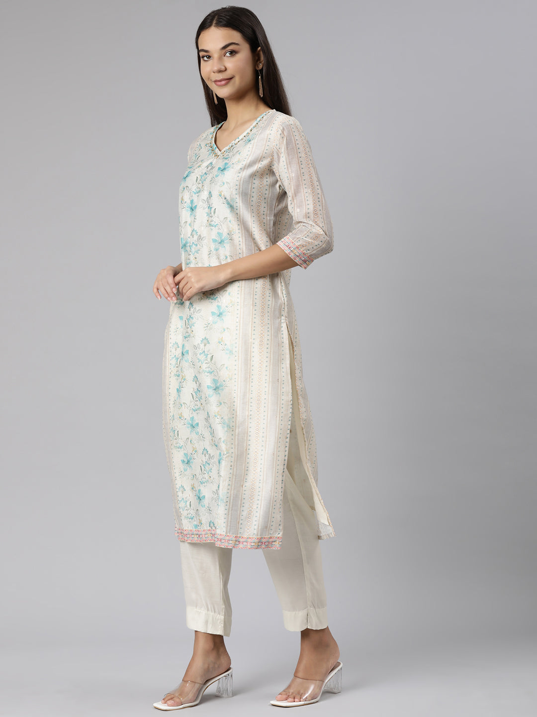 Neerus Multi floral embellished suit set with trousers and dupatta - back view