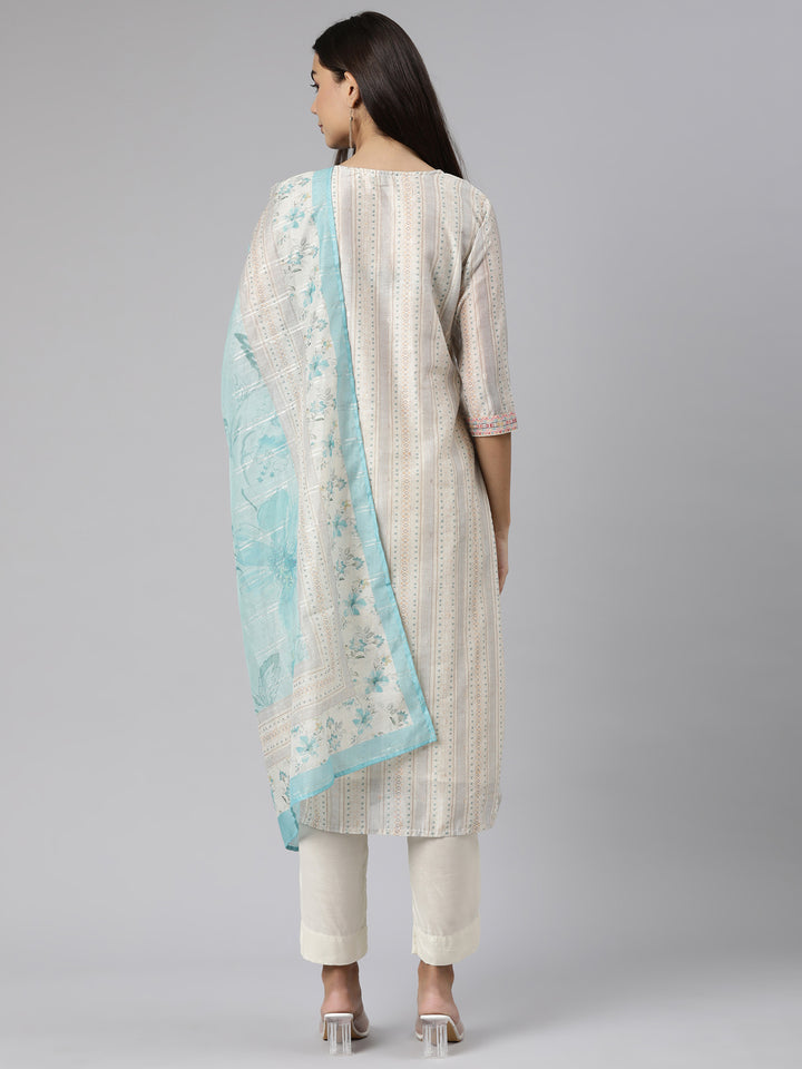Neerus Multi floral embellished suit set with trousers and dupatta - side view