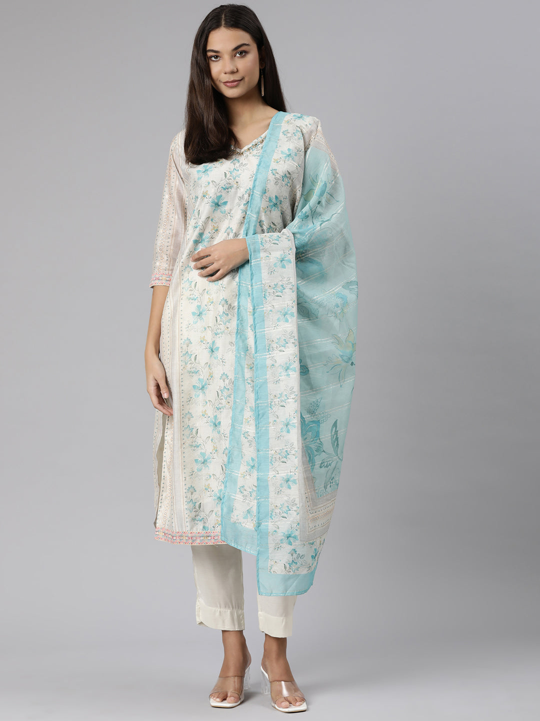 Neerus Multi floral embellished suit set with trousers and dupatta - detail view 2