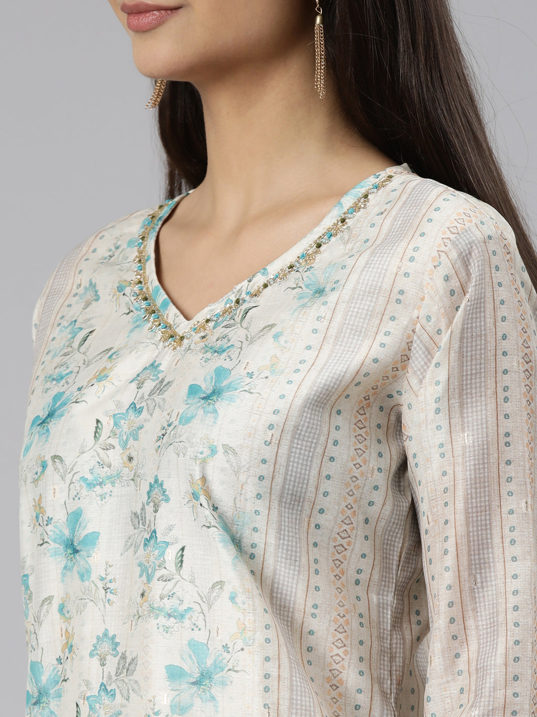Neerus Floral Printed Sequined Kurta with Trousers Dupatta