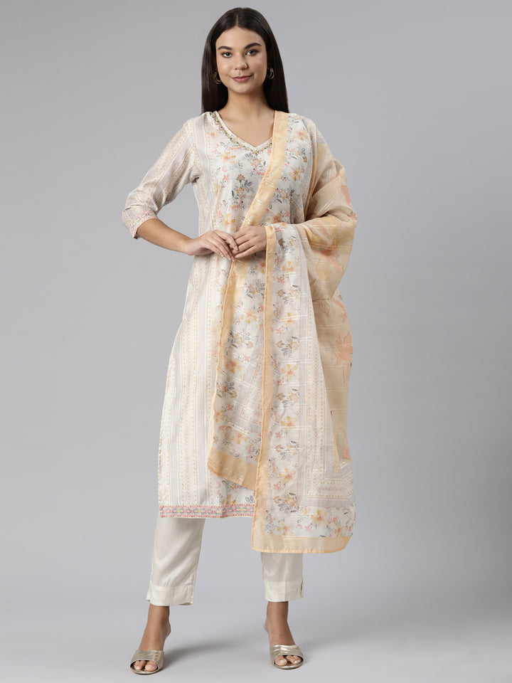 Neerus Yellow Regular Straight Floral Kurta And Trousers With Dupatta