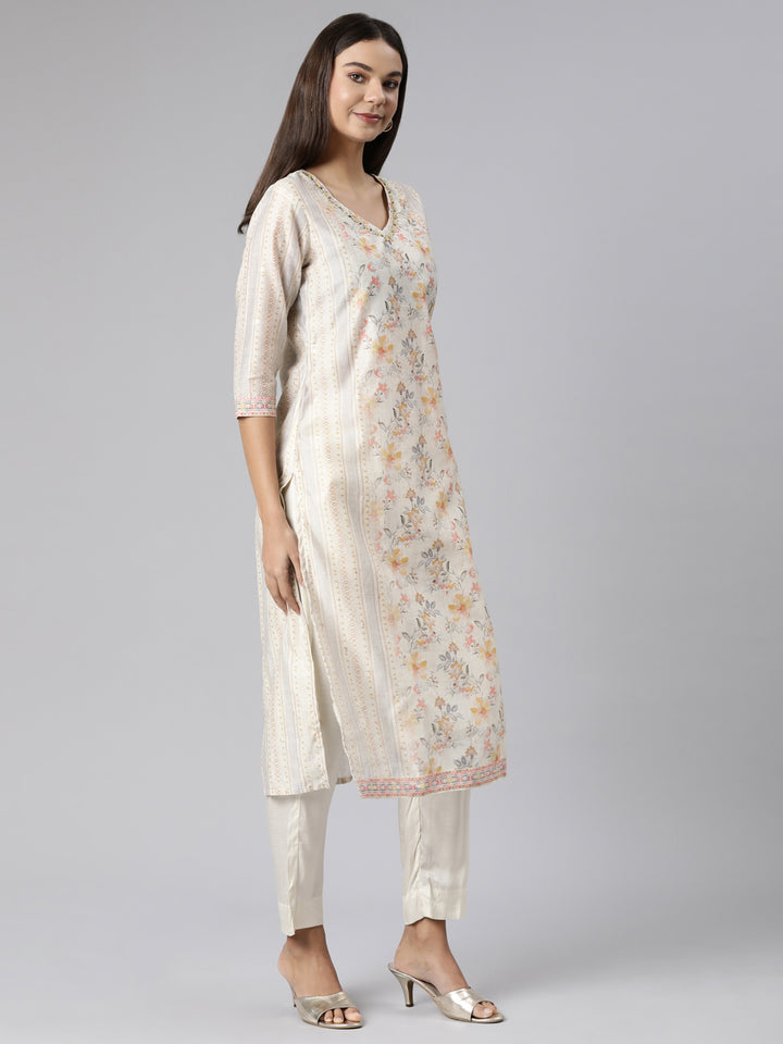 Neerus Yellow Regular Straight Floral Kurta And Trousers With Dupatta