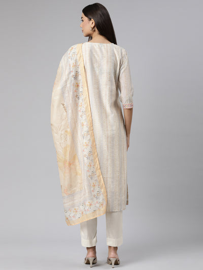 Neeru's Yellow Regular Straight Floral Kurta And Trousers With Dupatta
