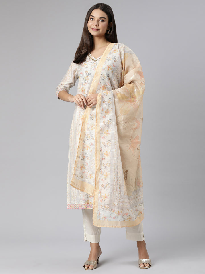 Neerus Yellow Regular Straight Floral Kurta And Trousers With Dupatta