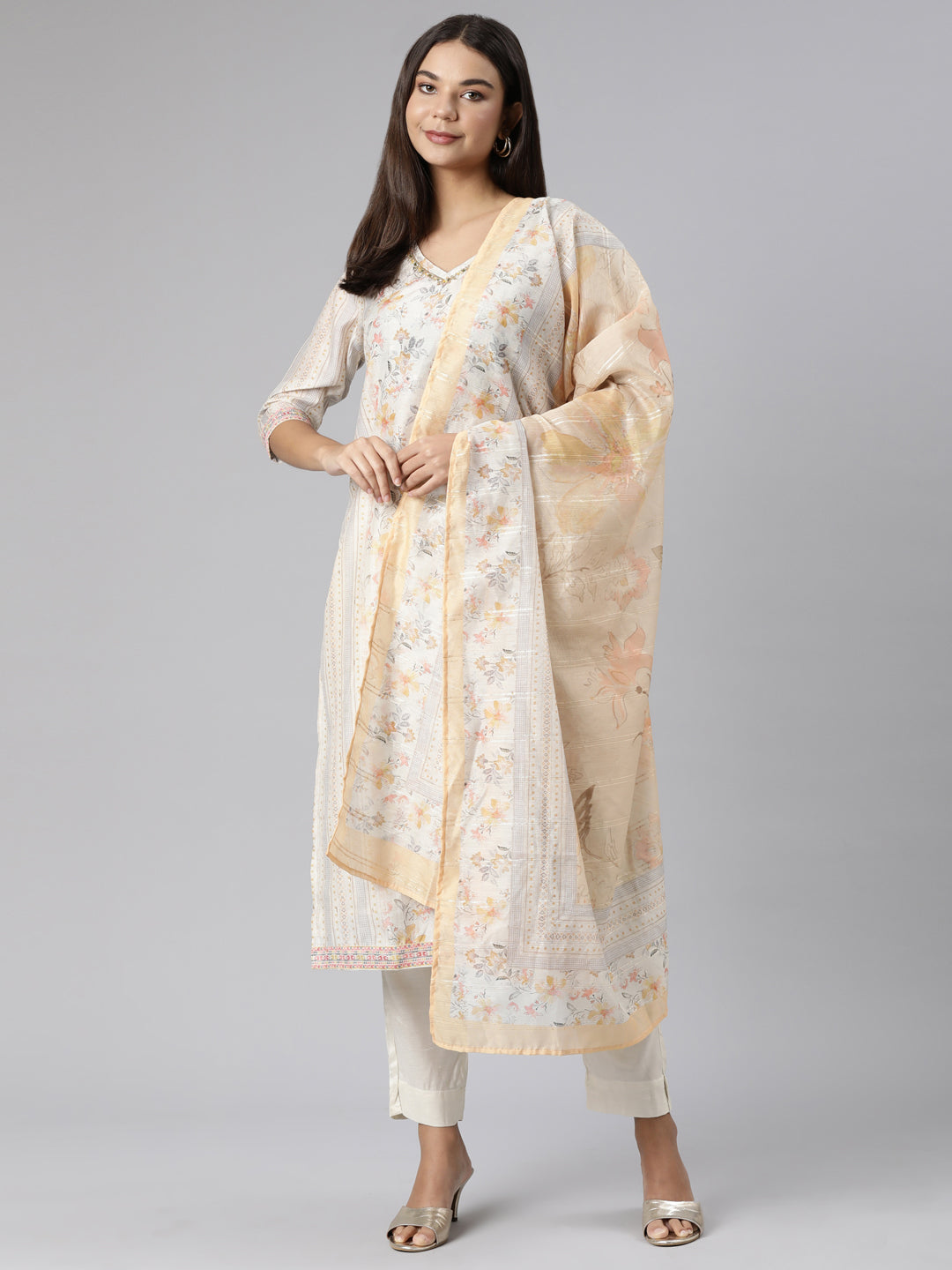 Neeru's Yellow Regular Straight Floral Kurta And Trousers With Dupatta