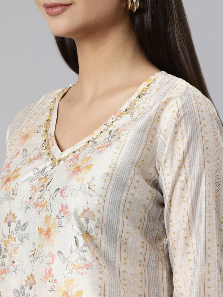 Neerus Yellow Regular Straight Floral Kurta And Trousers With Dupatta