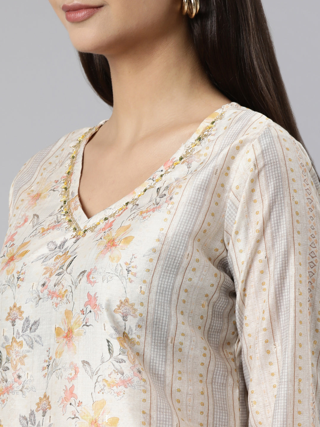Neeru's Yellow Regular Straight Floral Kurta And Trousers With Dupatta