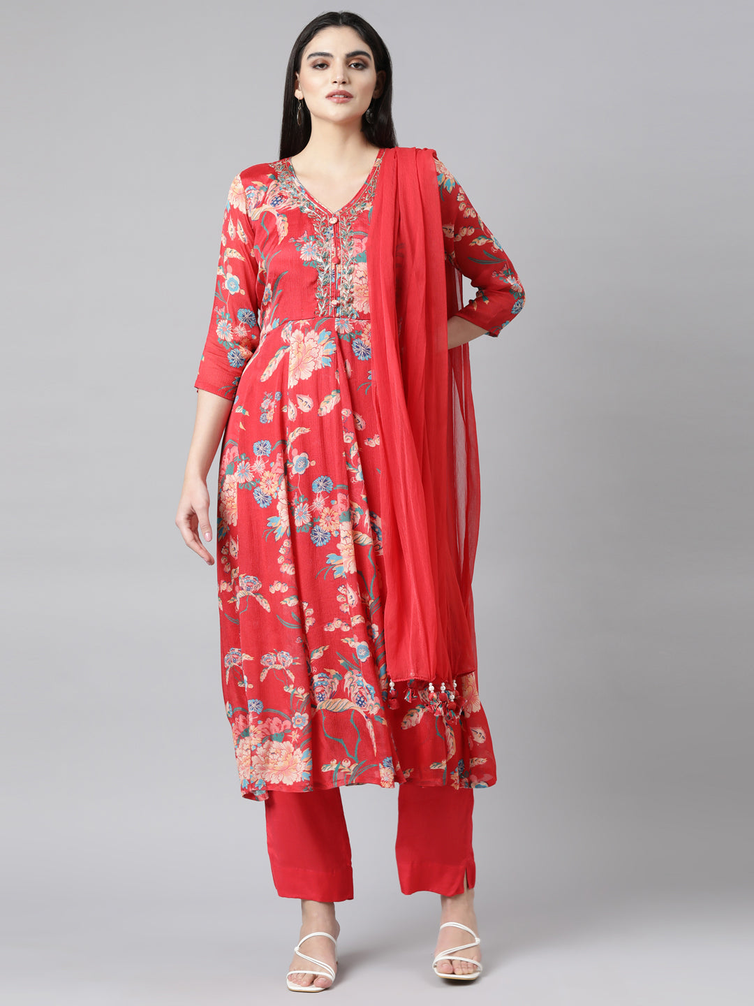 Neerus Red Georgette Printed Suit Set - front view